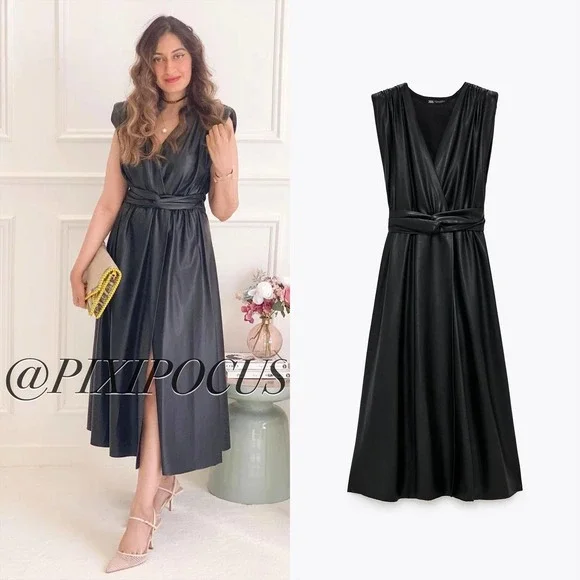 chinese dress ladies Zara Women's Faux Leather Pleated A-Line Dress NWT | M UK10-12 main image 1